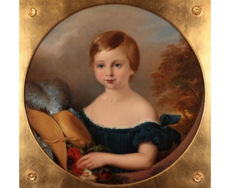 English School (mid 19th century) Portrait of a young girl in blue dress, holding a plumed hat Indistinctly signed and dated 