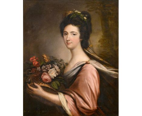 British School (19th century) Portrait of Mrs Campbell of Shaw holding a basket of flowers Oil on canvas, 70cm by 50cm