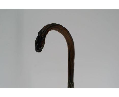 A Victorian root wood silver mounted walking stick in the form of a snake