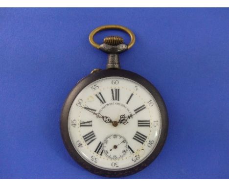 A large French pocket watch, the circular steel case with white enamel dial signed "Regulateur des Chemins de Fer", black Rom