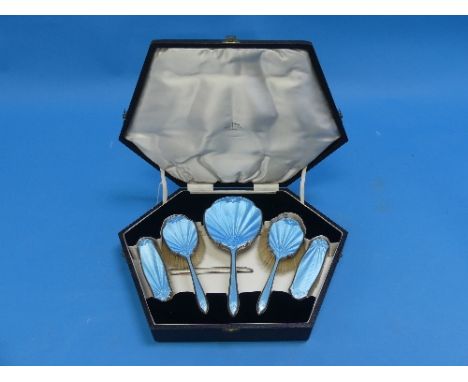 A George VI cased silver and enamel mounted Vanity Set, by Walker &amp; Hall, hallmarked Sheffield, 1950, comprising hand mir