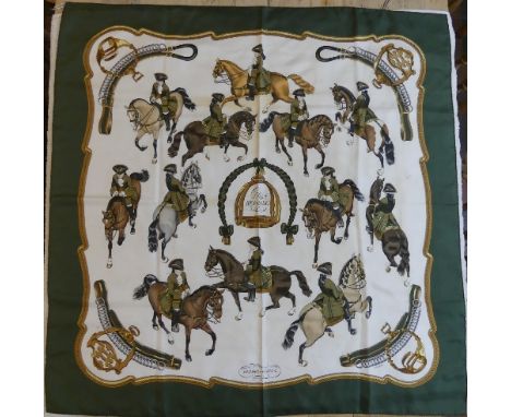 Two vintage Hermes silk twill scarves depicting equestrian subjects: 'Reprise' designed by Philippe Ledoux,  together with 'S