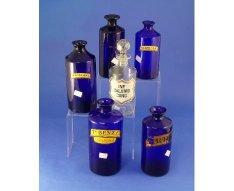 Five Victorian colbalt blue Chemists Rounds, with labels pontil marks, missing stoppers, together with a clear glass chemist'