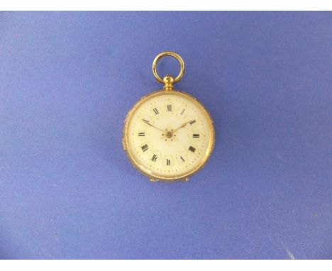 A pretty continental 18K gold fob watch, the white enamel dial with gilt "jewels" and black Roman numerals, the case with eng