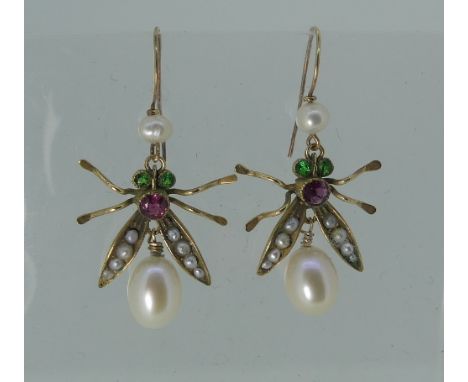 A pair of attractive drop Earrings, in the form of a fly, with seed pearl set wings, pale ruby body, oval cultured pearl abdo
