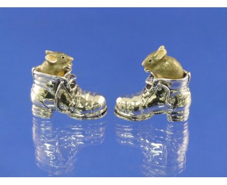 Two Saturno contemporary silver and enamel mice peeping out of boots, with grey mice, hallmarked London 2008, 3.6cm long, tog