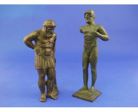 A vintage bronzed metal Figure, possibly Socrates, previously a lamp base, 7in (17.75cm) high, together with a souvenir green
