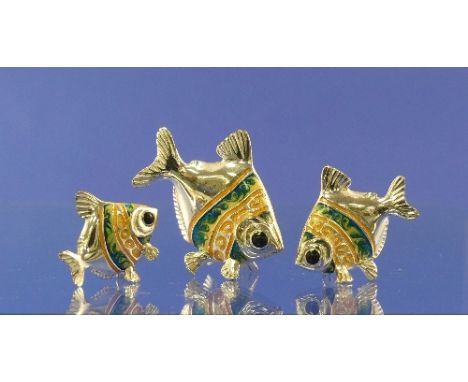 A graduated set of three Saturno contemporary silver and enamel tropical Fish, hallmarked for Sheffield 2001,&nbsp; makers ma