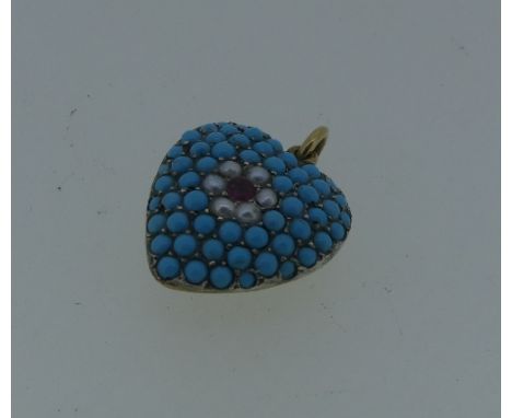 A pretty heart shaped Pendant, pave set with turquoise, the centre set with seed pearl and pale ruby flower head, mounted in 