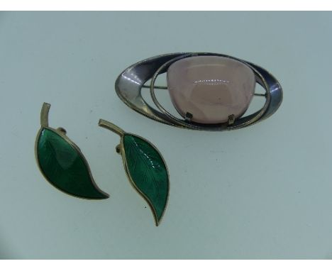  A pair of David Andersen silver gilt and enamel clip Earrings, in the form of a leaf with green enamel front, marked on the 