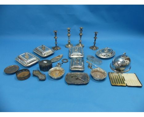 A quantity of good Silver Plate, including four entree dishes, small meat dome, tea caddy, two pairs of candlesticks, bottle 