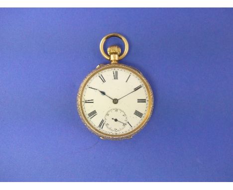 A pretty continental 18ct gold Pocket Watch, with white enamel dial, black Roman numerals and subsidiary seconds, ornate foli