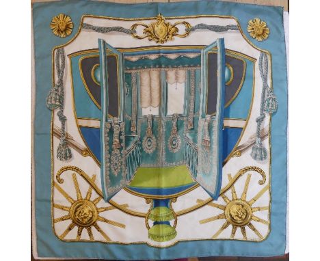 A vintage Hermes silk twill scarf depicting a classical coach design: 'Coach' designed by Françoise De La Perriere,   hand st