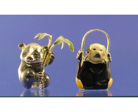 A Saturno contemporary silver and enamel Panda with Bamboo, hallmarked London, 2009, 3.8cm high, together with a Saturno silv