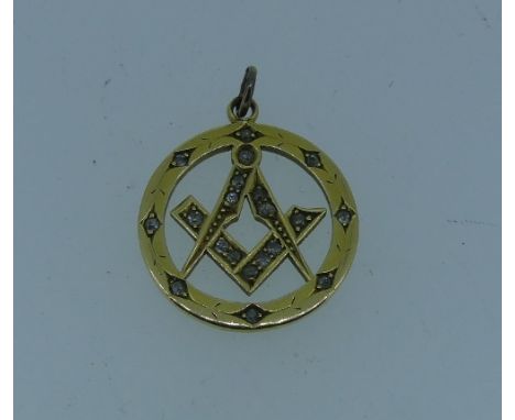 Masonic Jewellery; An 18ct yellow gold and diamond Pendant, of circular form with compass and set square set with small diamo