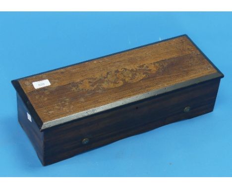 A 19thC Swiss cylinder musical box, playing six airs, in marquetry rosewood case, the 10½in (26.5cm) comb missing one tooth, 