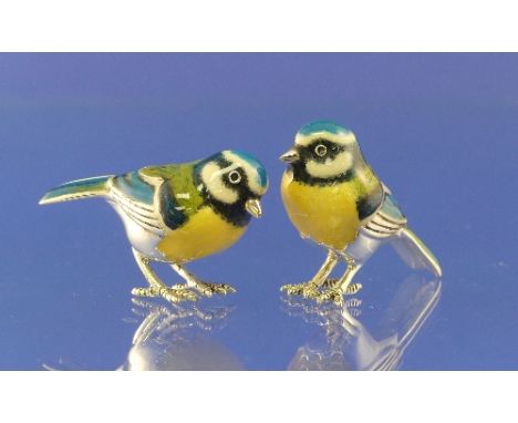 A pair of Saturno contemporary silver and enamel Blue Tits, hallmarked London, 2010, Makers Mark JAH, 4.8cm beak to tail, tog