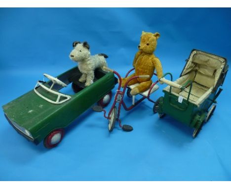 A Vintage metal Child's Pedal Car, over painted, together with a vintage Raleigh Tricycle, a Twigs Northern Ltd Child's pram 