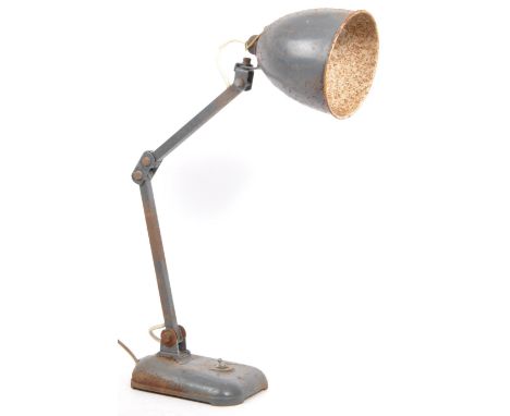 Memlite - British design - A retro mid 20th Century industrial warehouse desk table lamp light. Having a circular shade with 