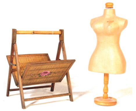 A vintage mid 20th century folding magazine rack holder. With bamboo handle, carved foliate decoration to supports, bamboo ba