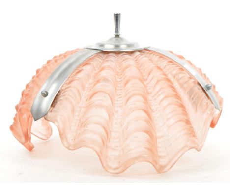 An early 20th century 1930's French Art Deco pressed glass and chrome scallop / clam shell hanging ceiling light / lamp shade