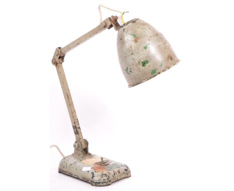 A 20th Century retro industrial factory Memlite anglepoise metal desk table lamp light in duck egg blue colour. On rectangula