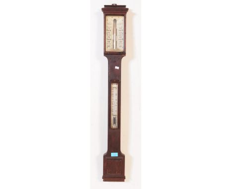 A 19th century mahogany cased wall stick barometer. With rectangular glazed front rain gauge to top with temperature gauge to