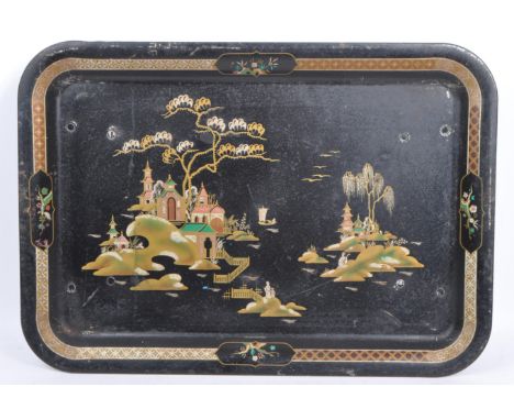 Worcester Ware - Vintage 20th century chinoiserie lacquered metal serving / table stand. Rectangular form with gilt decoratio