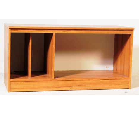 A vintage 1970's teak wood veneered sideboard / media unit by&nbsp;Schreiber. The sideboard&nbsp;having open fronted access t