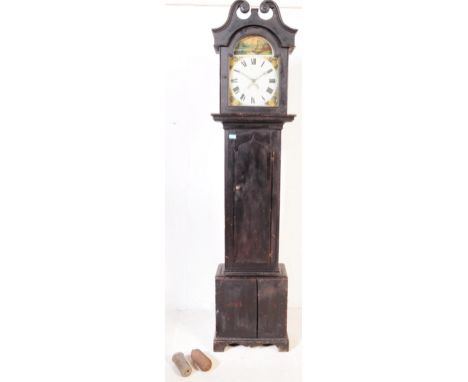 A 19th century George III painted face longcase clock.&nbsp; Ebonised oak trunk with hood&nbsp; enclosing painted dial, roman