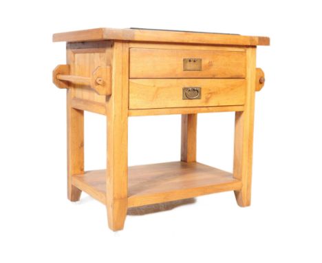 A vintage 20th century oak wood kitchen island / butchers block cabinet unit. Of rectangular form with twin pull handles eith