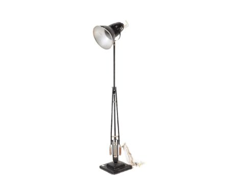 A retro industrial factory 20th Century black colourway metal Anglepoise lamp light with square stepped base marked Herbert T