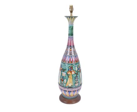 A vintage 20th century Egyptian inspired hand painted ceramic vase lamp light having a flared rim and waisted neck painted wi