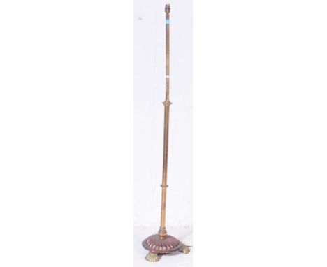 Edwardian early 20th century Art Deco brass standing light lamp. With a tubular central column with a copper bottom with fan 
