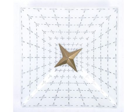A retro mid 20th century opaline glass ceiling fitted light shade. The shade of squared form with black decorations throughou
