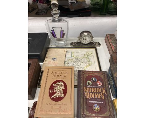 A MIXED LOT TO INCLUDE SHELOCK HOLMES BOOKS, A FRAMED MAP OF CHESHIRE, MANTLE CLOCK, LARGE DISPLAY BOTTLE, ETC 