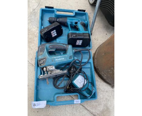 AN ELECTRIC MAKITA JIGSAW AND A FURTHER BATTERY SCREWDRIVER WITH A SPARE BATTERY 