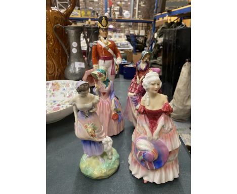 FIVE ROYAL DOULTON LADY FIGURES TO INCLUDE VERONICA, SWEET ANNE, ETC PLUS A ROYAL WORCESTER 'OFFICER OF THE 29TH FOOT - ALL A