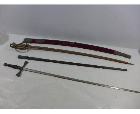 A MASONIC SWORD AND SCABBARD, 70CM BLADE AND AN INDIAN SWORD AND SCABBARD (2) 