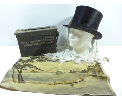 A GREEN PAINTED METAL AMMUNITION BOX, SILK TOP HAT SCARF AND A PAINTED PANEL (4) 