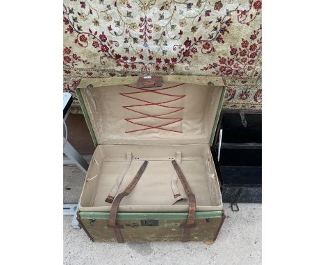 A VINTAGE DOME TOPPED TRAVEL TRUNK WITH LEATHER STRAPS AND CARRYING HANDLES 