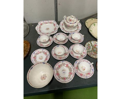 A VICTORIAN TEASET - FLORAL WITH BIRDS TO INCLUDE CUPS AND SAUCERS, CAKE PLATES/BREAD &amp; BUTTER PLATE, SUGAR BOWLS 