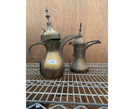 TWO VINTAGE BRASS MIDDLE EASTERN STYLE LIDDED JUGS 