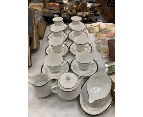 A BOOTS 'HANOVER GREEN' TEASET TO INC;LUDE CUPS, SAUCERS, CREAM JUG, SUGAR BOWL AND SAUCE BOAT 