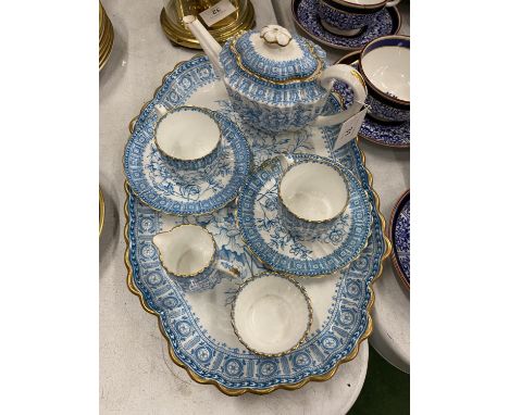 A 19TH CENTURY COPELAND SPODE TEA FOR TWO BLUE AND WHITE SET COMPRISING TEAPOT, CUPS AND SAUCERS, CREAM JUG, SUGAR BOWL AND T