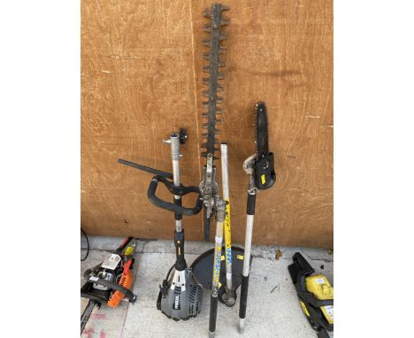 A TITAN PETROL MULTITOOL WITH STRIMMER, CHAINSAW AND STRIMMER ATTATCHMENTS 