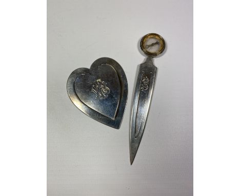 TWO WHITE METAL BOOKMARKS / PLACEHOLDERS, ONE WITH COMPASS DESIGN TOP 
