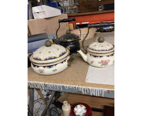 THREE PIECES OF ASTA, WEST GERMANY TO INCLUDE VINTAGE STYLE 'RANGE' FLORAL PATTERNED KETTLES, A TRIVET AND A LIDDED CASSEROLE