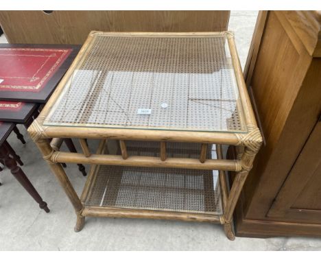 A MODERN BAMBOO AND SPLIT CANE LAMP TABLE WITH INSET GLASS TOP, 24" SQUARE 