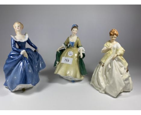 THREE CERAMIC LADY FIGURES - ROYAL DOULTON 'ELEGANCE' HN2264 &amp; 'FRAGRANCE' HN2334 (A/F) &amp; ROYAL WORCESTER 'FIRST DANC